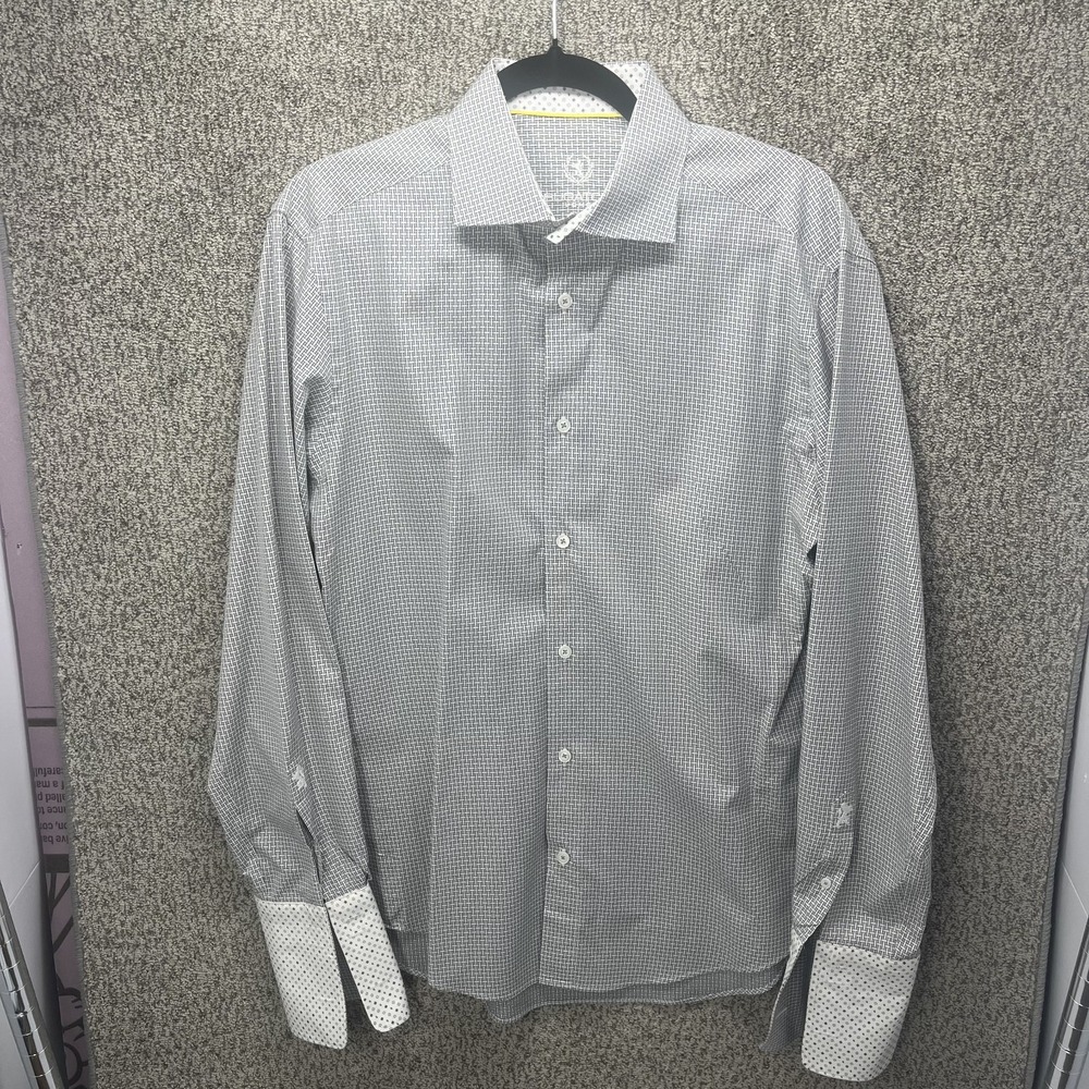 Bugatchi Uomo Gray Dress Shirt Embroidered Lion French Cuff Geometric 15.5 34/35